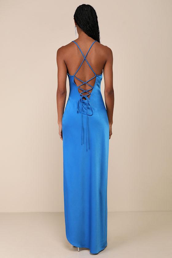 Glam Sentiment Blue Satin Lace-Up Slip Maxi Dress Product Image