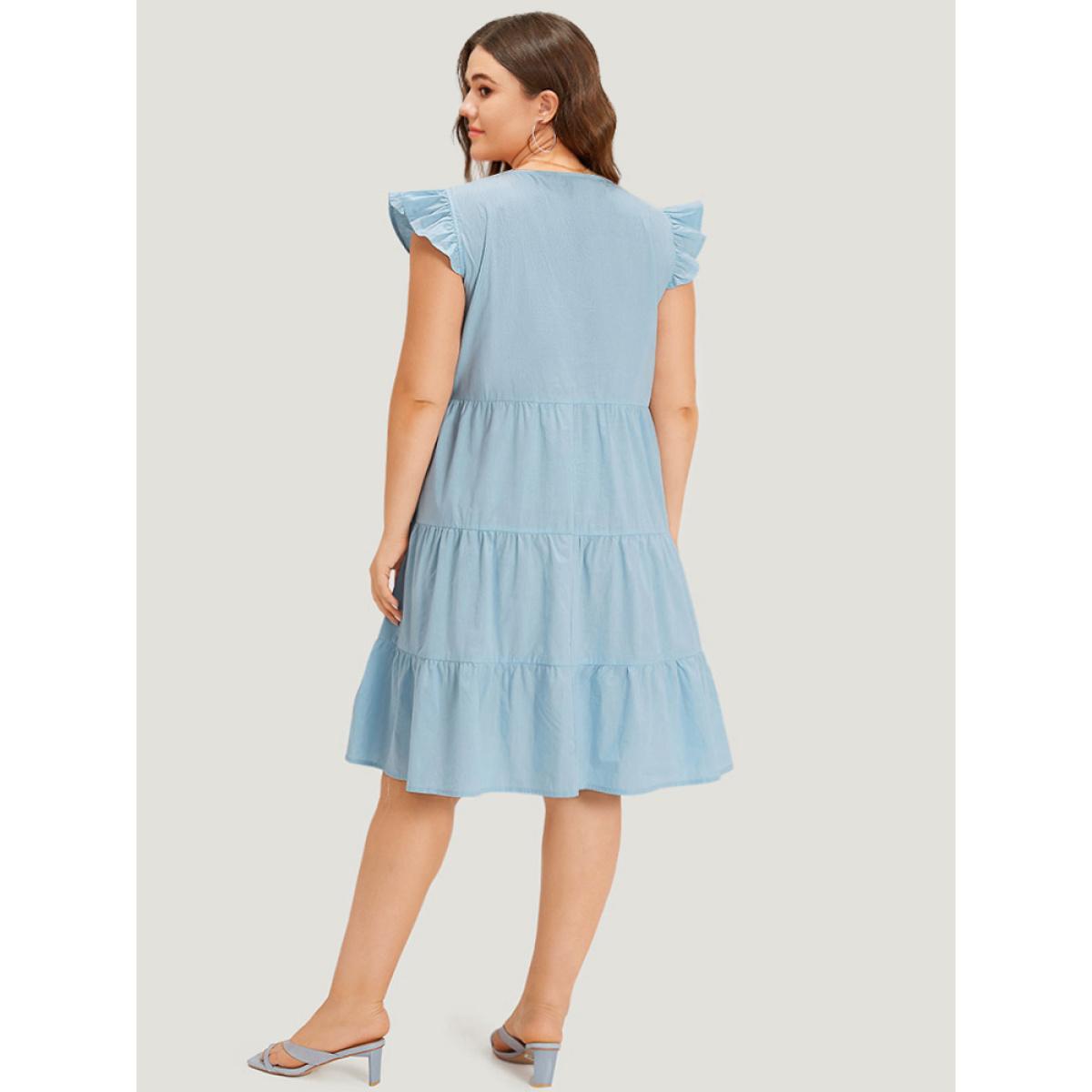 Plus Size Plain Button Through Ruffle Layered Hem Cap Sleeve Dress LightBlue Women Vacation Button V-neck Cap Sleeve Curvy Knee Dress BloomChic 18-20/2X Product Image