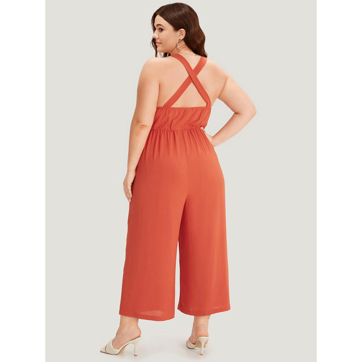 Plus Size Rust plain Gathered Shirred Pocket Cami Jumpsuit Women Elegant Sleeveless Spaghetti Strap Dailywear Loose Jumpsuits BloomChic 28/5X Product Image