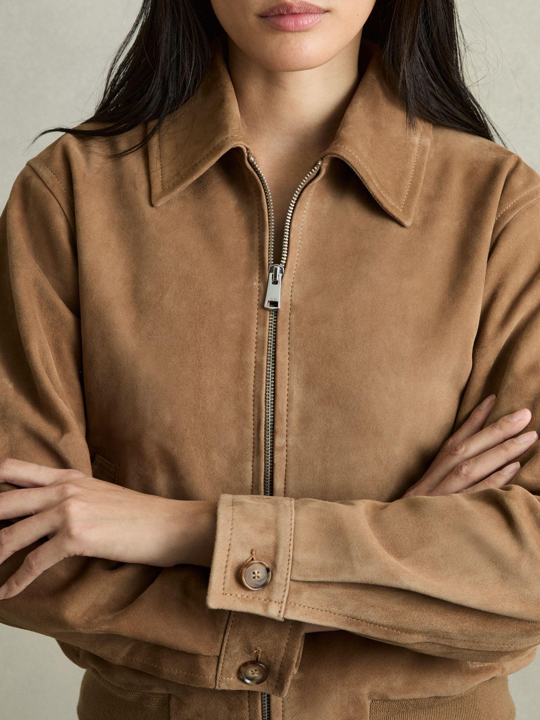 Suede Zip Through Bomber Jacket in Tan Product Image