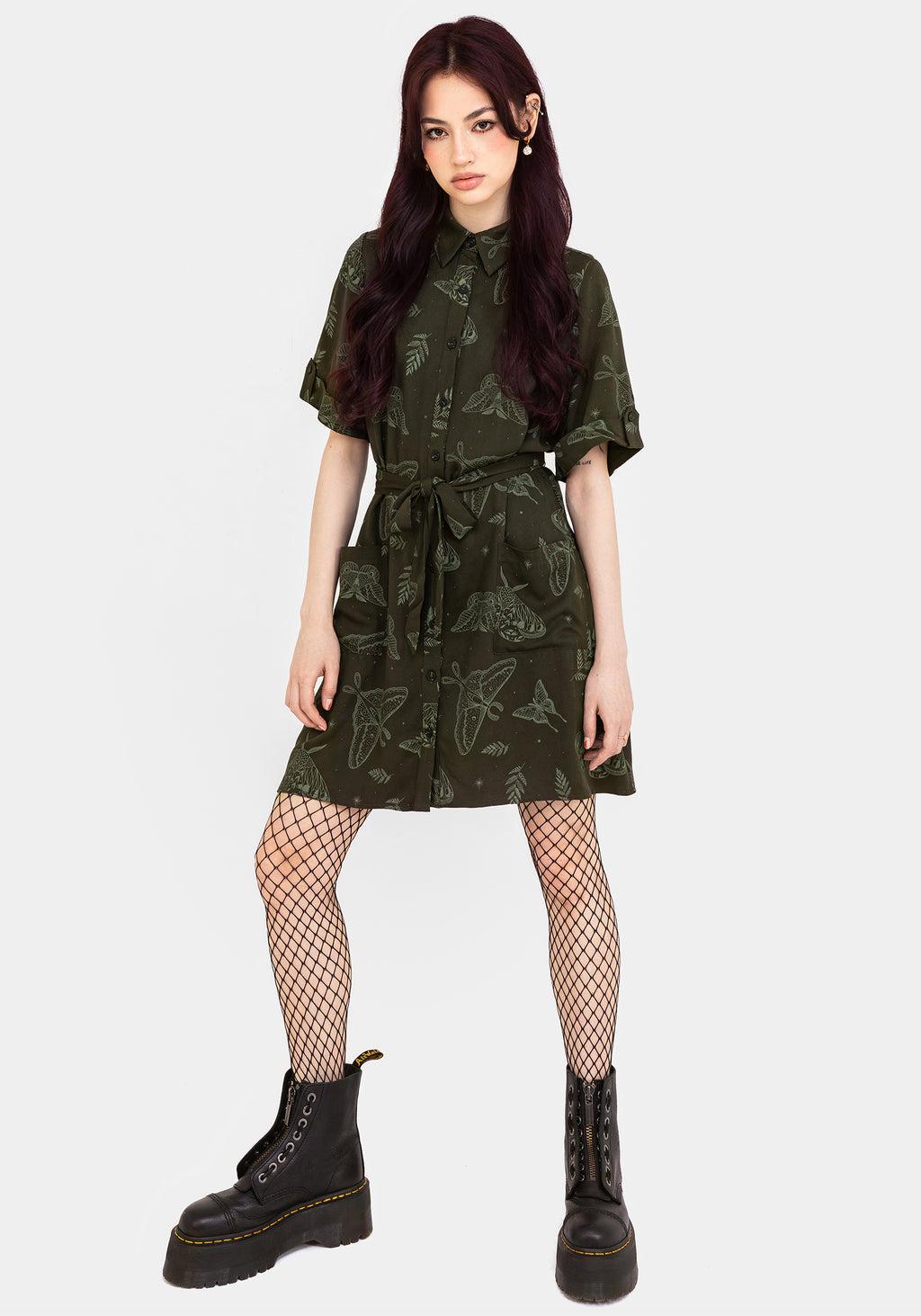 Callopistria Moth Print Mini Shirt Dress - Green Product Image