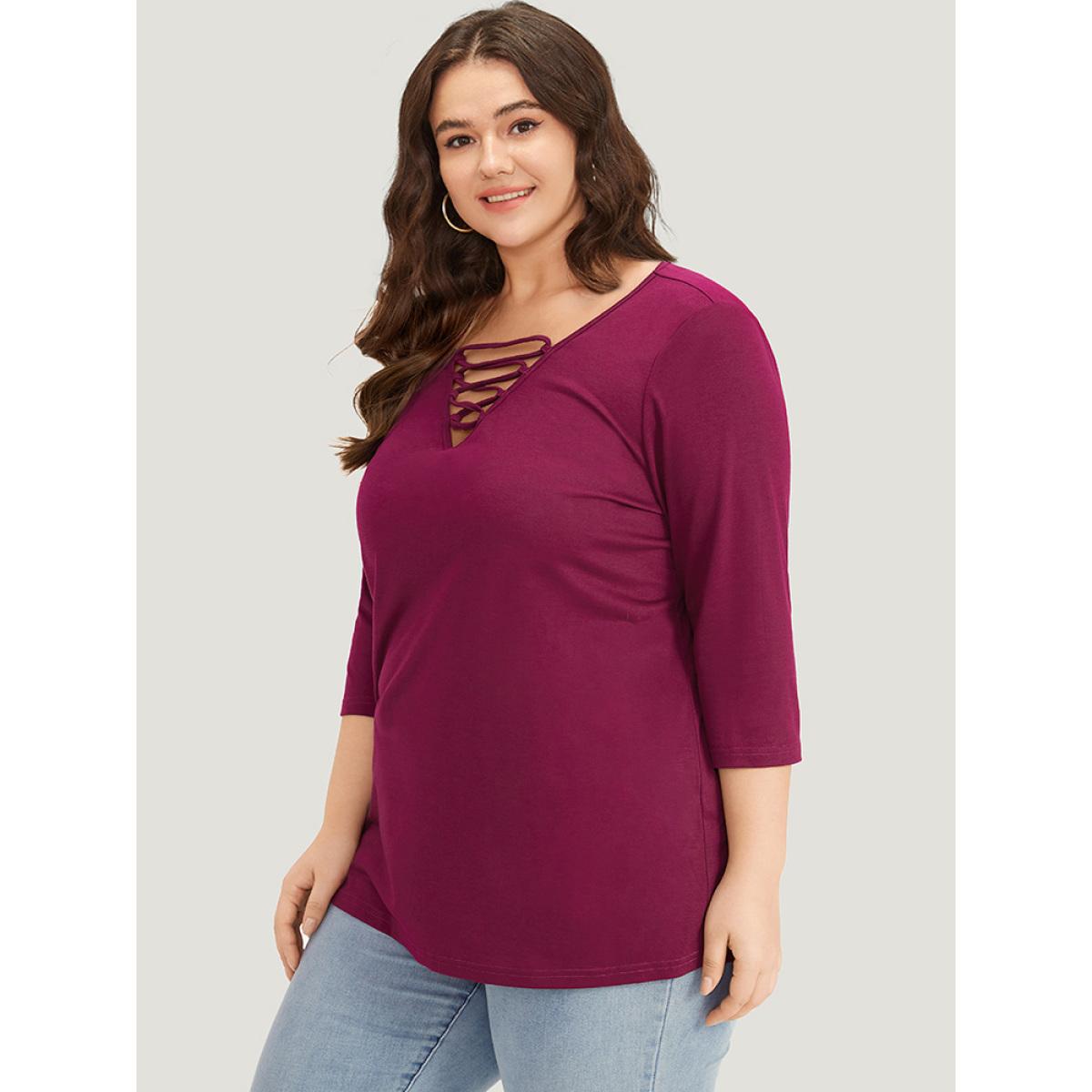 Plus Size Solid Crisscross Three Quater Length Sleeve Deep V Neck T-shirt Burgundy Women Casual Plain Plain Deep V-neck Dailywear T-shirts BloomChic 10/M Product Image