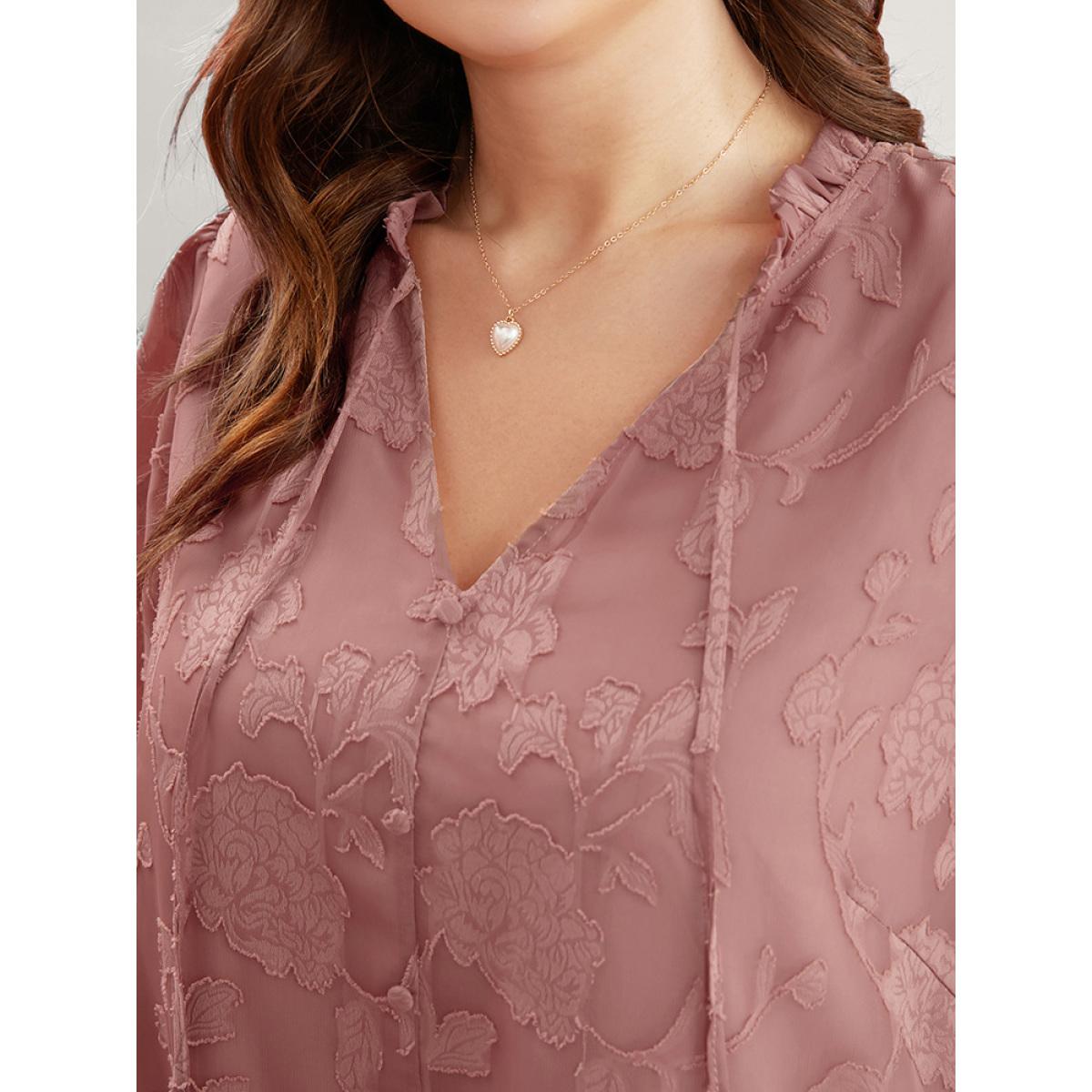 Plus Size DustyPink Floral Print Tie Neck Frill Trim Lantern Sleeve Blouse Women Glamour Long Sleeve V-neck Dailywear Blouses BloomChic 10/M Product Image