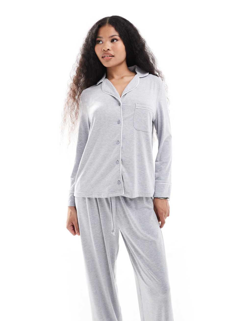 ASOS DESIGN Petite super soft long sleeve shirt & pants pajama set with contrast piping in gray heather Product Image