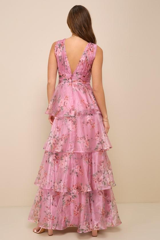Garden Radiance Pink Floral Print Organza Tiered Maxi Dress Product Image