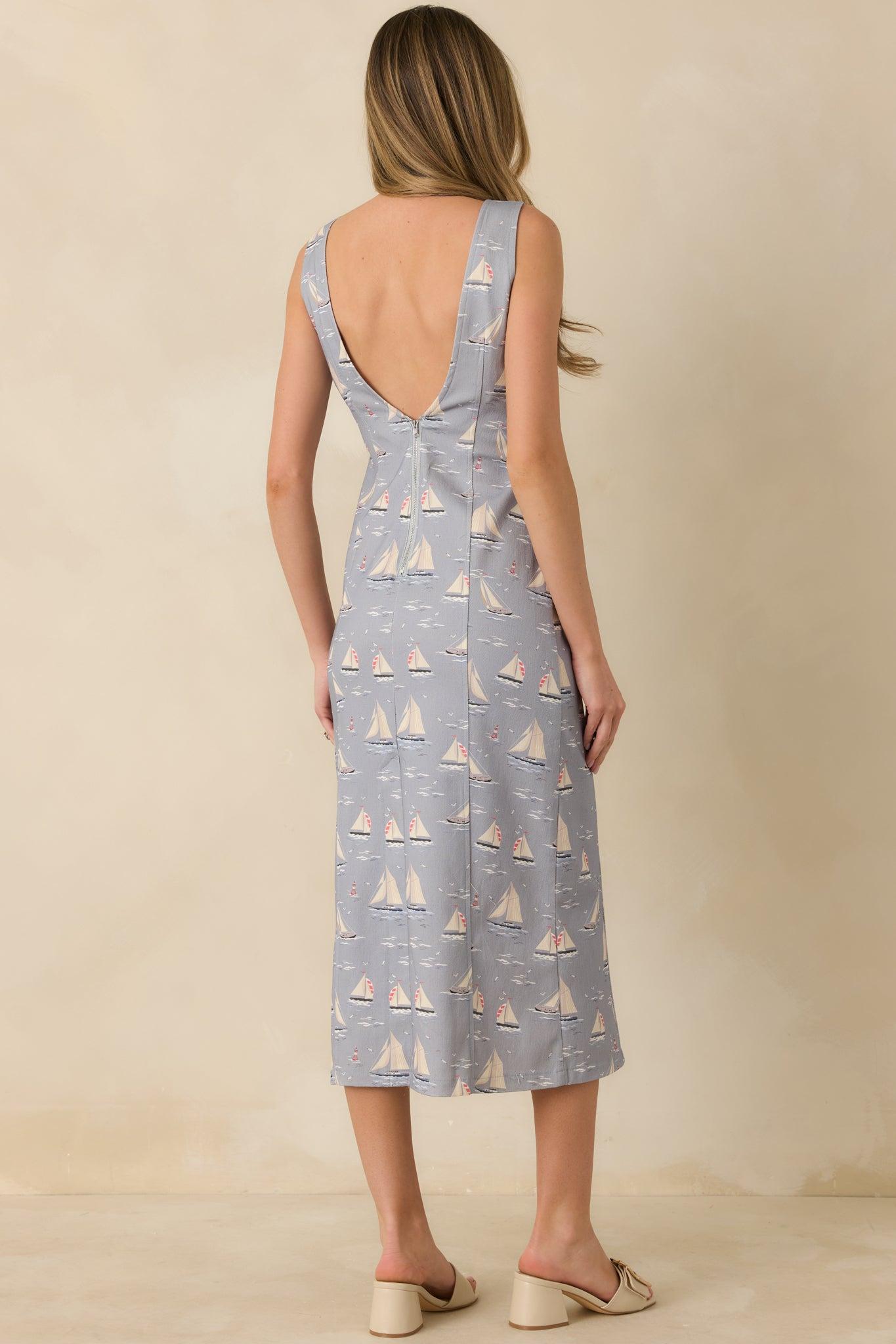 On Deck Darling Dusty Blue Cotton Blend Nautical Sleeveless Midi Dress Product Image