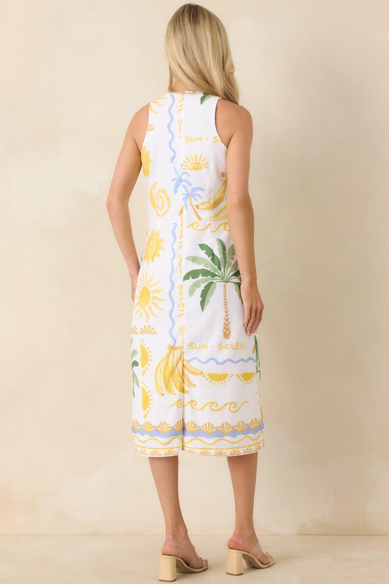 Paradisa Breakers White Multi Linen Blend Tropical Print Midi Dress Product Image