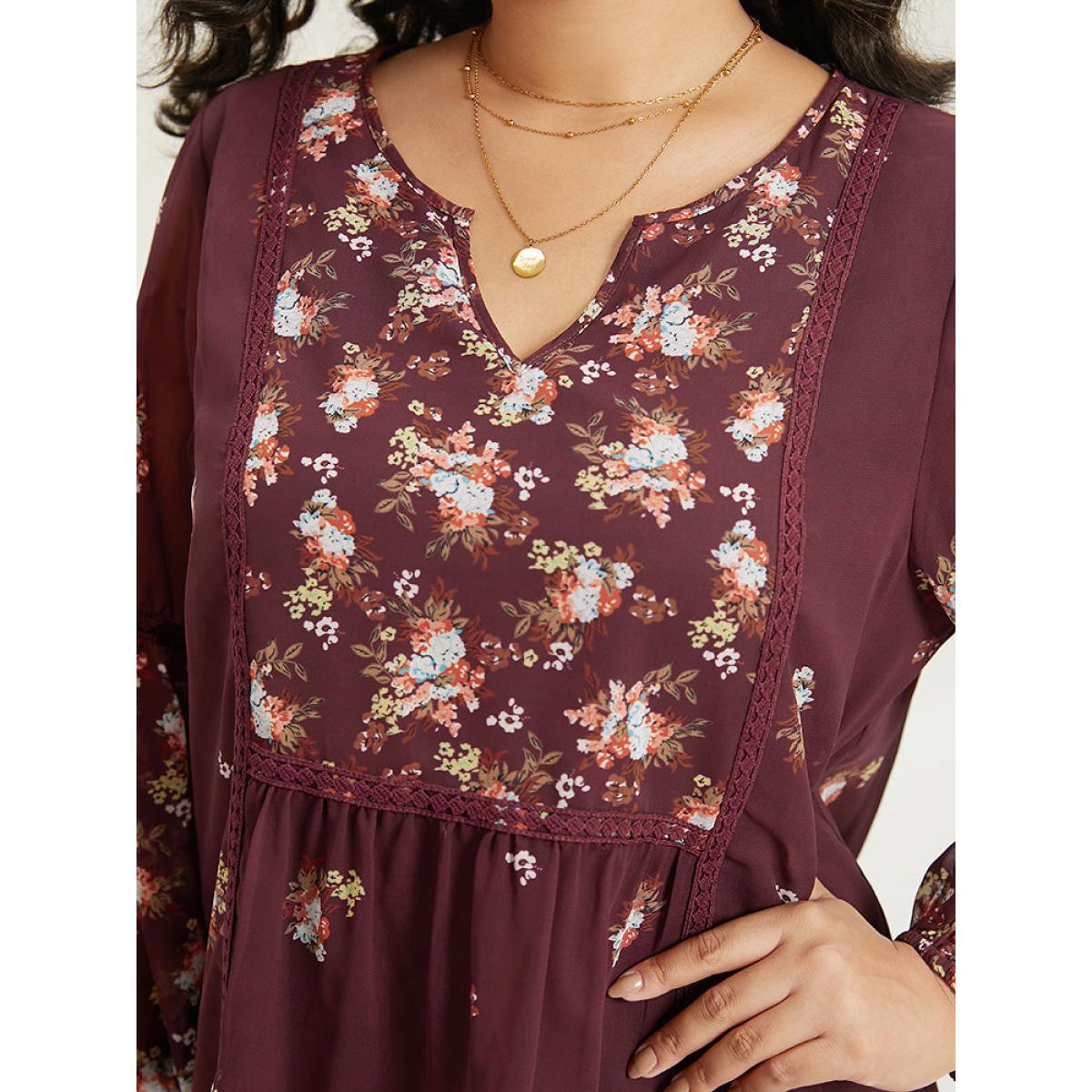 Plus Size Scarlet Floral Print Mesh Lace Patchwork Lantern Sleeve Blouse Women Elegant Long Sleeve V-neck Dailywear Blouses BloomChic 18-20/2X Product Image