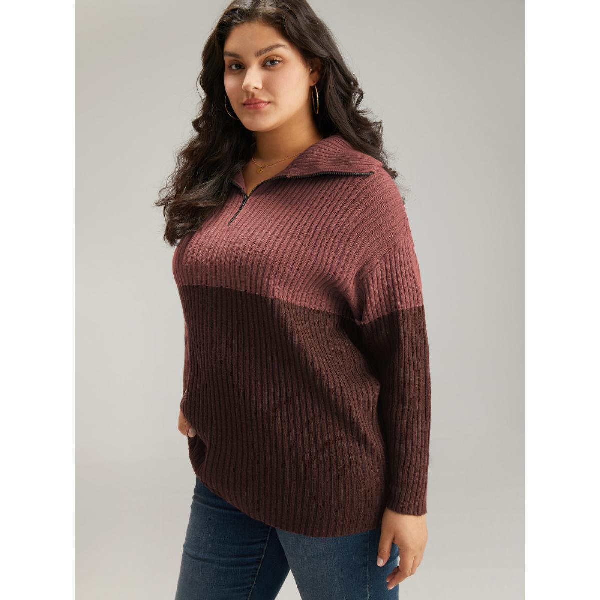 Plus Size Colorblock Contrast Half Zip Lapel Collar Pullover Rust Women Casual Loose Long Sleeve Lapel Collar Dailywear Pullovers BloomChic 28/5X Product Image