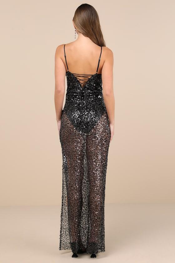 Enticing Mindset Black Sheer Mesh Sequin Lace-Up Maxi Dress Product Image