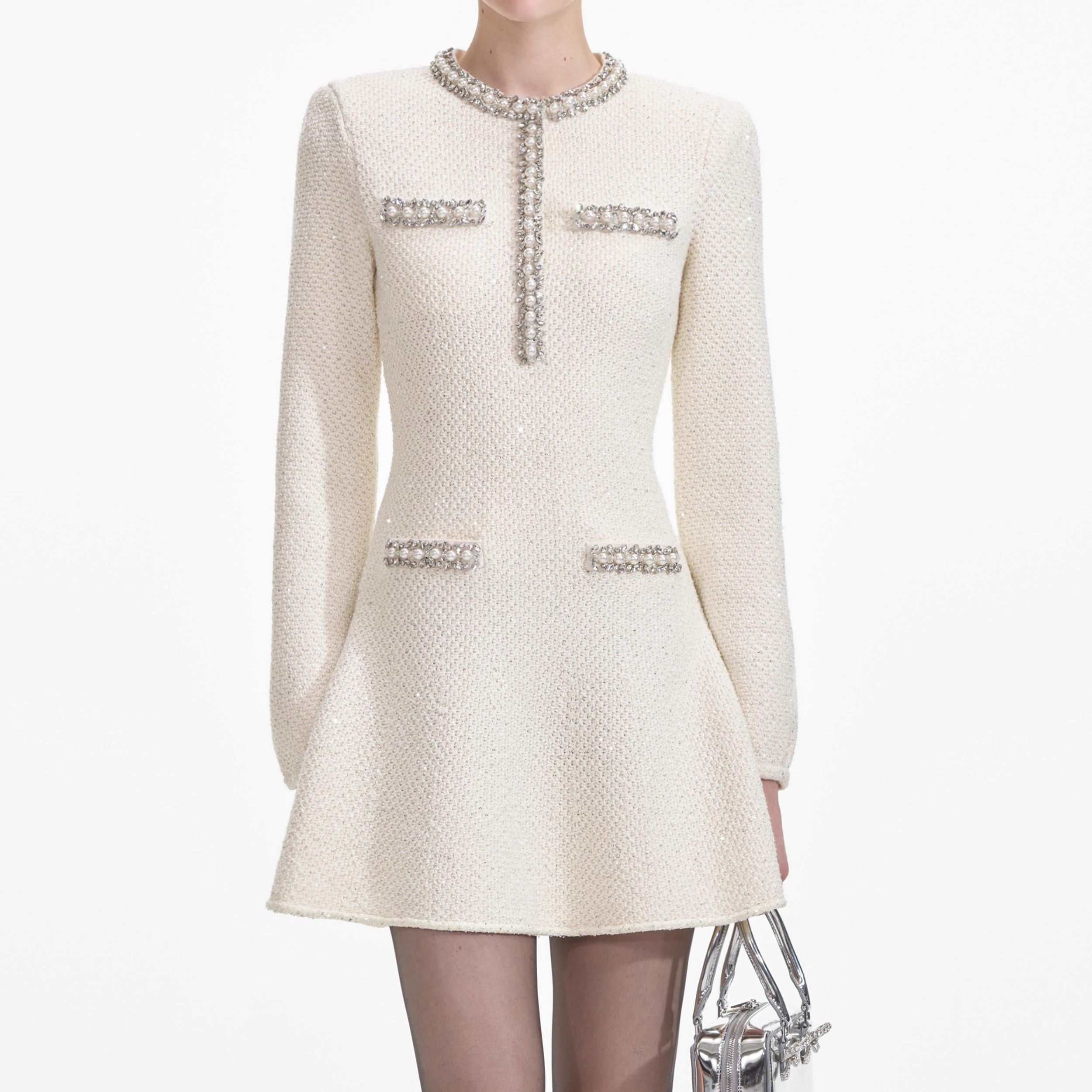 Cream Textured Knit Embellished Mini Dress Product Image