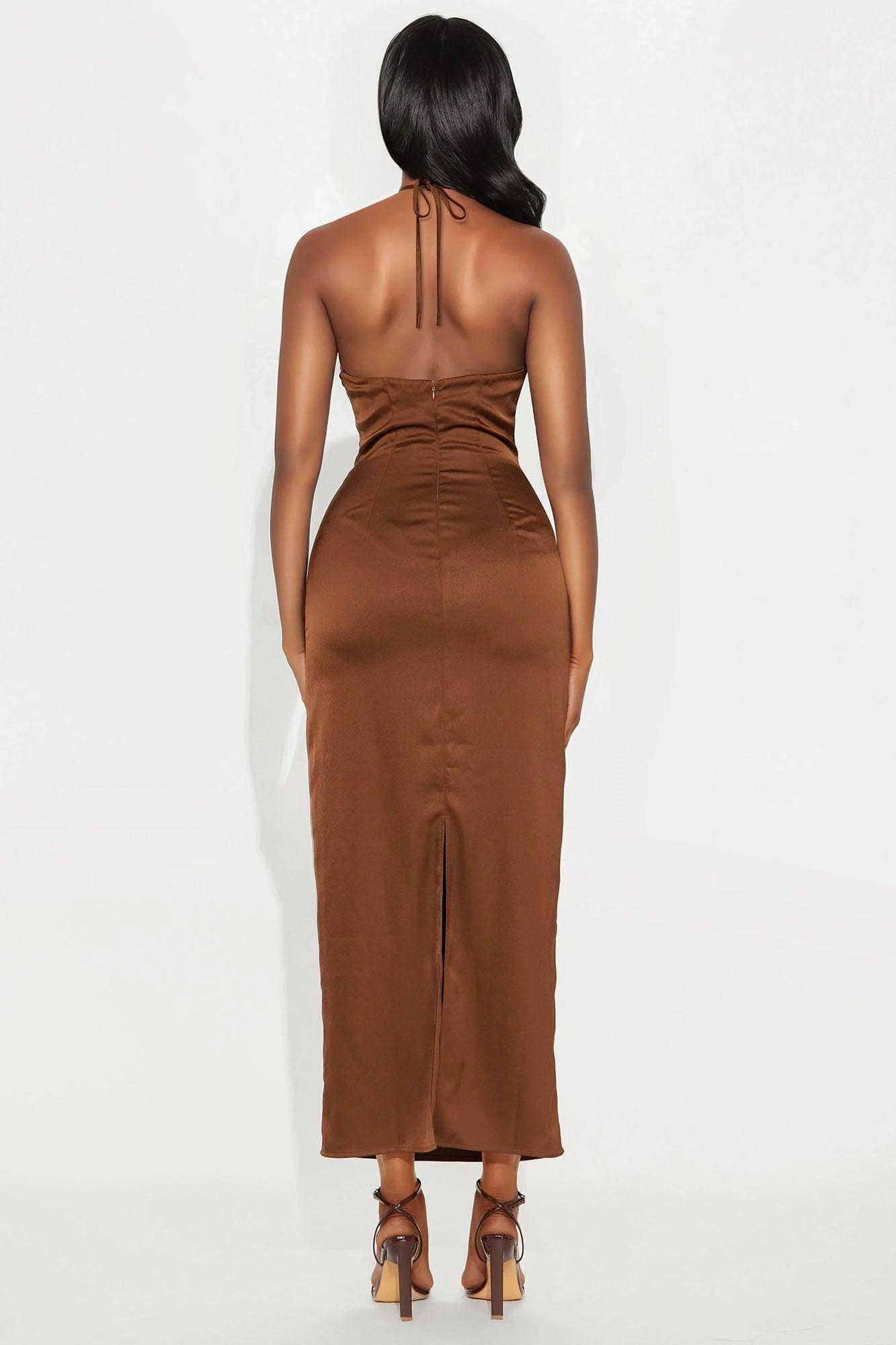 Andrea Satin Lace Maxi Dress - Chocolate Female Product Image