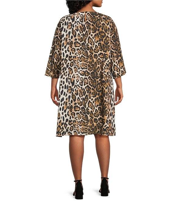 Caroline Rose Plus Leopard Print Matte Crepe Round Neck 3/4 Sleeve Shift Dress Product Image