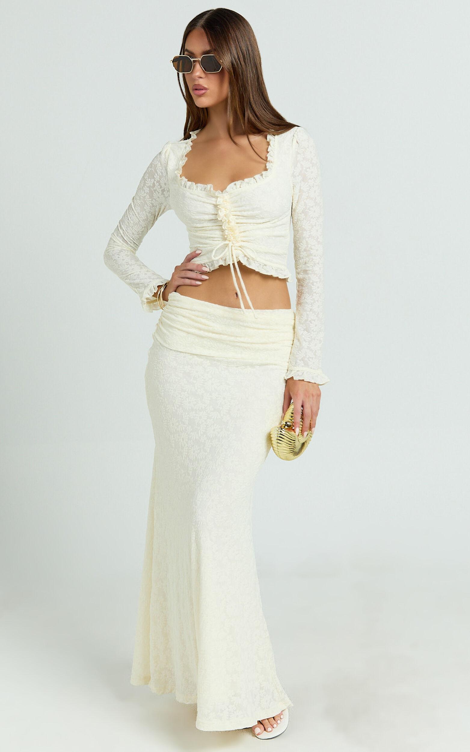 Gelyn Two Piece Set - Lace Ruffle Detail Long Sleeve Top and Maxi Skirt Set in Cream Product Image
