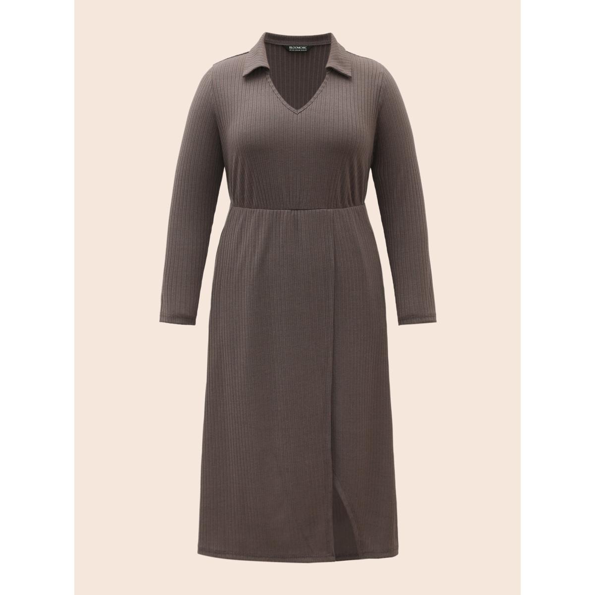 Plus Size Knitted Stretch Woven Wrap Midi Dress DimGray Women At the Office Texture Shirt collar Long Sleeve Curvy BloomChic 18-20/2X Product Image