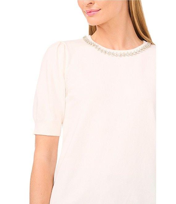 CeCe Knit Round Neck Short Sleeve Embellished Top Product Image