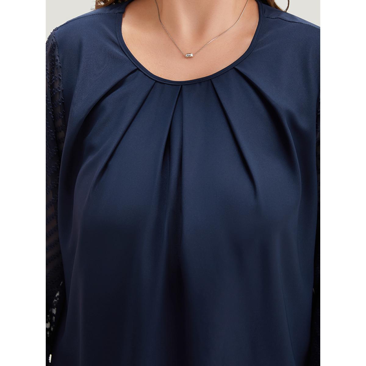 Plus Size Indigo Anti-Wrinkle Patchwork Mesh Pleated Blouse Women Office Long Sleeve Round Neck Work Blouses BloomChic 26/4X Product Image