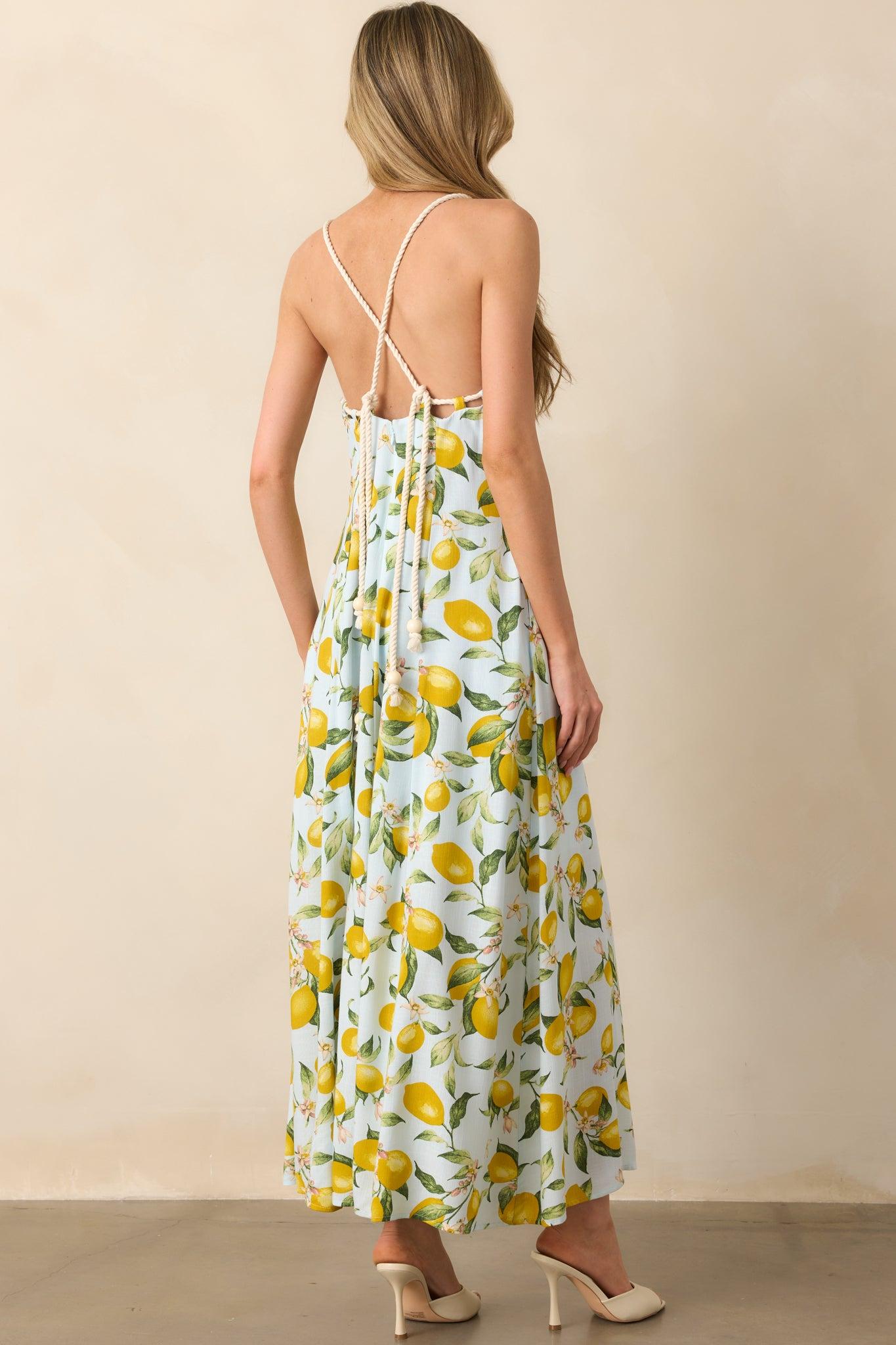 In The Shade Light Blue Lemon Print Cross Back Maxi Dress Product Image