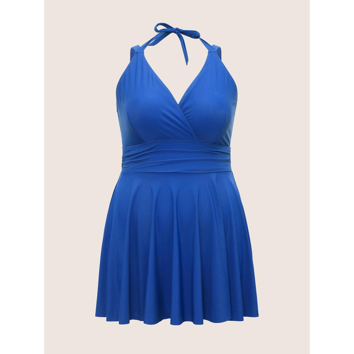 Plus Size Solid Ruffle Hem Empire Waist Halter Neck Swim Dress Women's Swimwear RedViolet Resort Bodycon Halter neck High stretch Curve Swim Dresses BloomChic 12/L Product Image