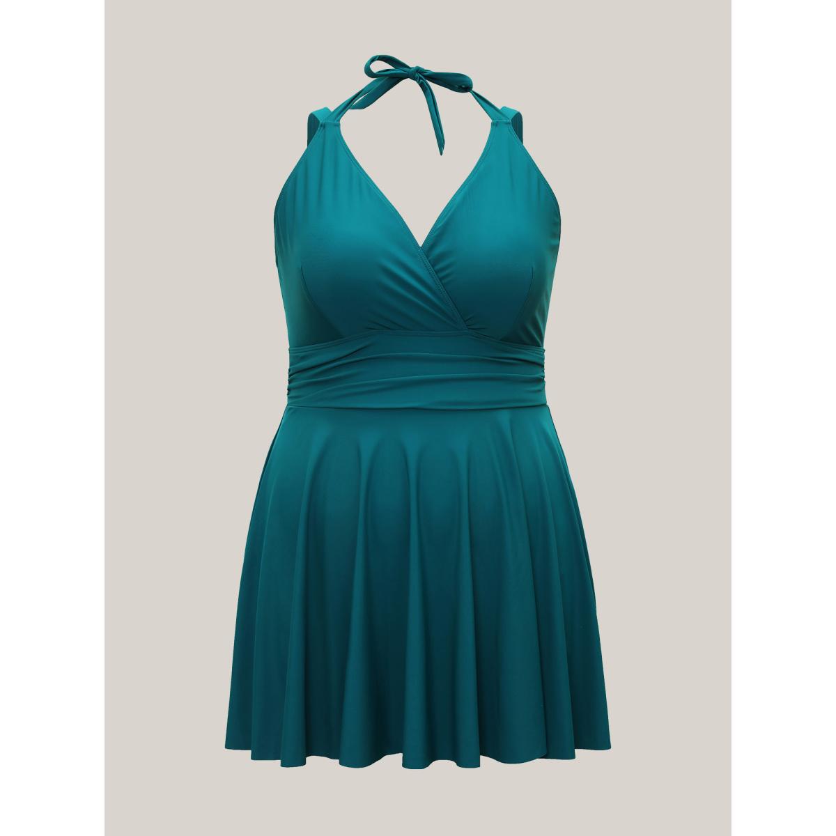 Plus Size Solid Ruffle Hem Empire Waist Halter Neck Swim Dress Women's Swimwear Indigo Resort Bodycon Halter neck High stretch Curve Swim Dresses BloomChic 18-20/2X Product Image
