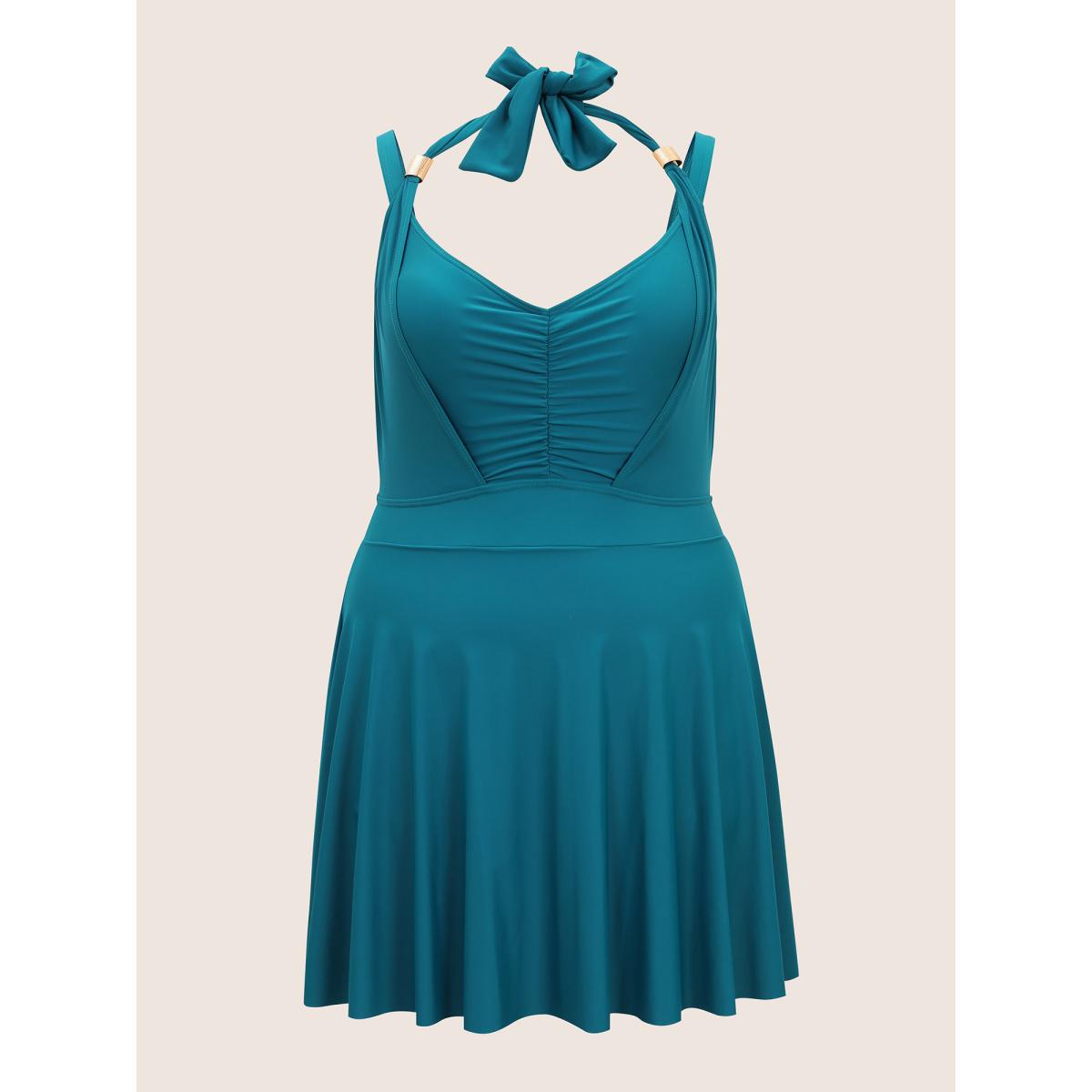 Plus Size Plain Ruched Adjustable Straps Bowknot Swim Dress Women's Swimwear Aegean Beach Bodycon V-neck High stretch Curve Swim Dresses BloomChic 14-16/1X Product Image