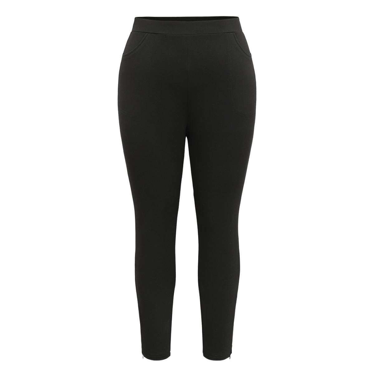 Plus Size Solid Zipper Hem Elastic Waist Skinny Pants Women Black Office Skinny Mid Rise Office Pants BloomChic 14-16/1X Product Image