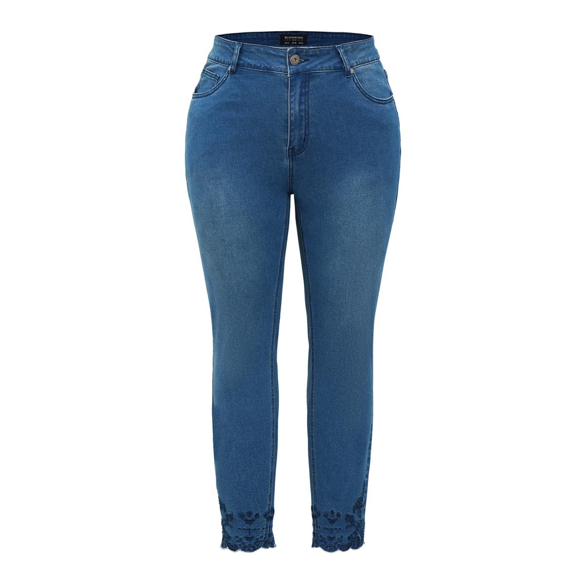 Plus Size Very Stretchy High Rise Medium Wash Embroidered Scalloped Hem Jeans Women Blue Casual Plain Embroidered High stretch Pocket Jeans BloomChic 12/L Product Image