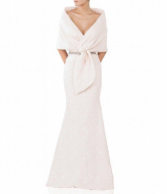 Terani Couture Brocade Twisted Short Sleeve Beaded Waist Mermaid Gown Product Image