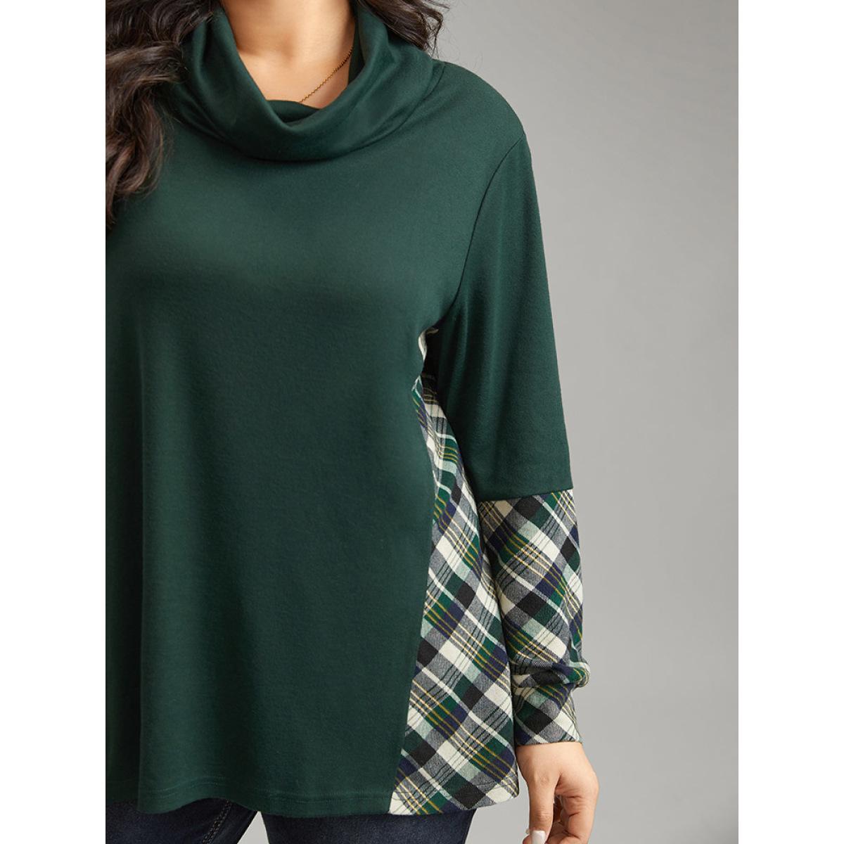 Plus Size Mock Neck Plaid Patchwork Knit T-shirt DarkGreen Women Casual Patchwork Plaid Mock Neck Dailywear T-shirts BloomChic 10/M Product Image