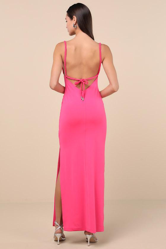 Dynasty Hot Pink Slinky Knit Backless Maxi Dress Product Image