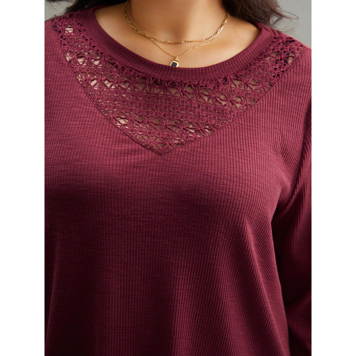 Plus Size Solid Lace Insert Crew Neck Cut Out T-shirt Burgundy Women Elegant Patchwork Plain Round Neck Dailywear T-shirts BloomChic 28/5X Product Image