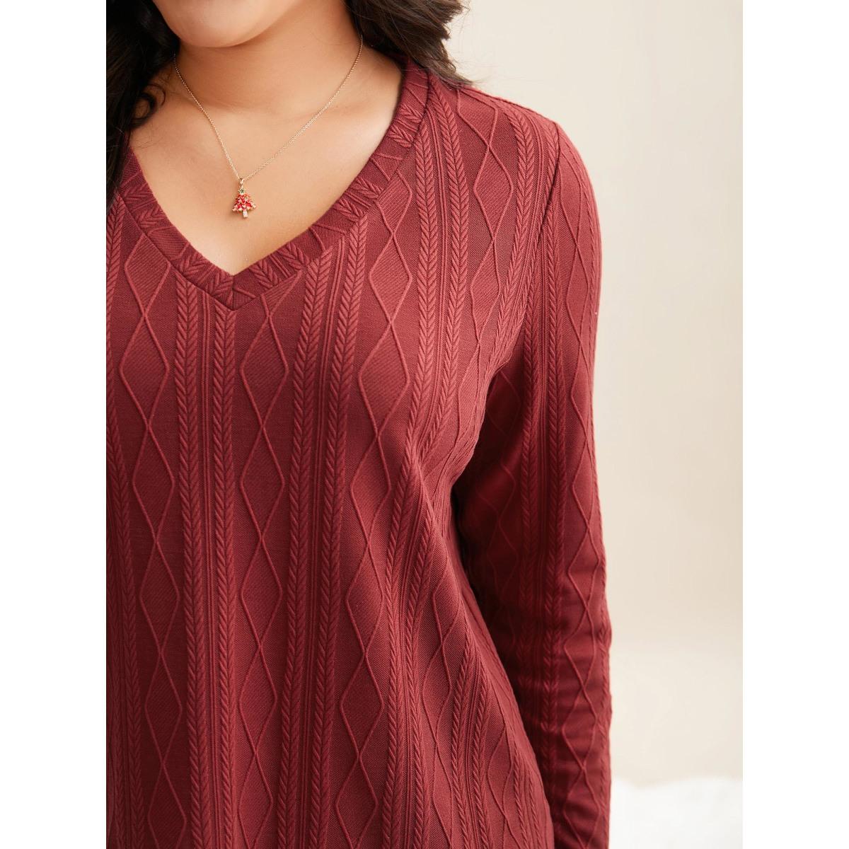 Plus Size V-neck Cable Knit Slim-Fit Tee Deepred Women Casual Texture V-neck Everyday T-shirts BloomChic 30/6X Product Image