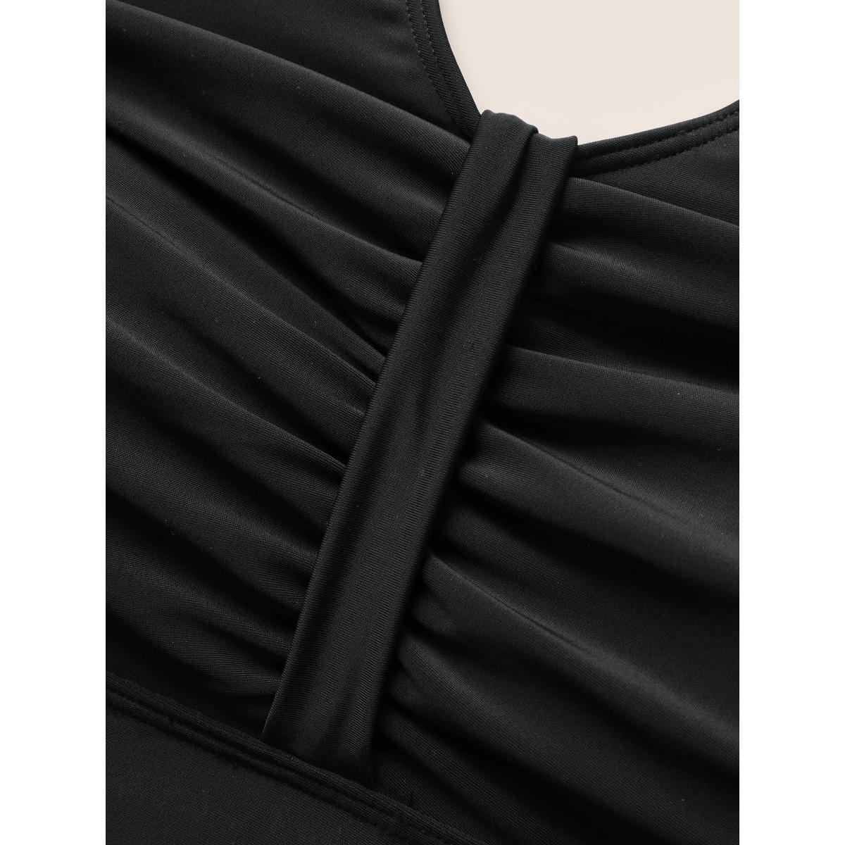 Plus Size Crochet Lace Mesh Texture Ruched Swim Dress Women's Swimwear Black Beach Bodycon Heart neckline High stretch Curve Swim Dresses BloomChic 10/M Product Image