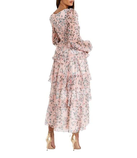 Mac Duggal Floral Print V-Neck Long Sleeve Side Slit Tiered Ruffled Midi Dress Product Image