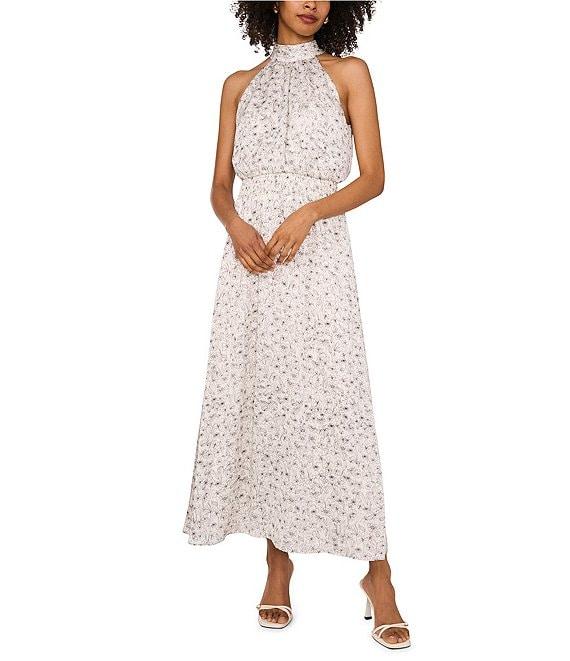 Vince Camuto Woven Floral Print Halter Sleeveless Smocked Waist Blouson Maxi Dress Product Image