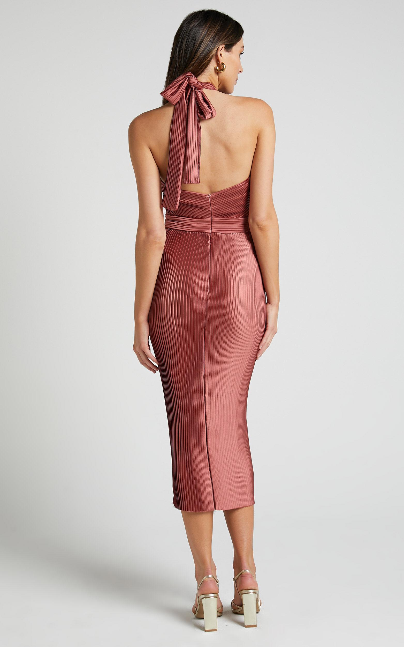 Marlette Midi Dress - Pleated Open Back Halter Dress in Rust Product Image