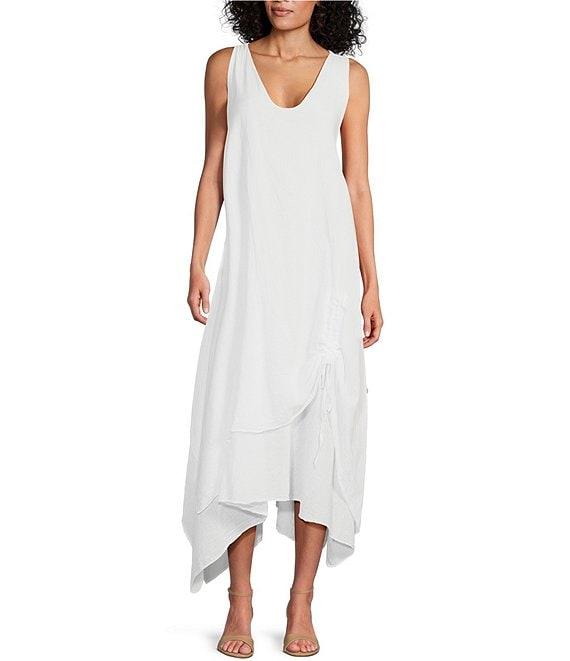 M Made in Italy Cotton Gauze V-Neck Sleeveless Layered Ruched Drawstring Midi A-Line Dress Product Image