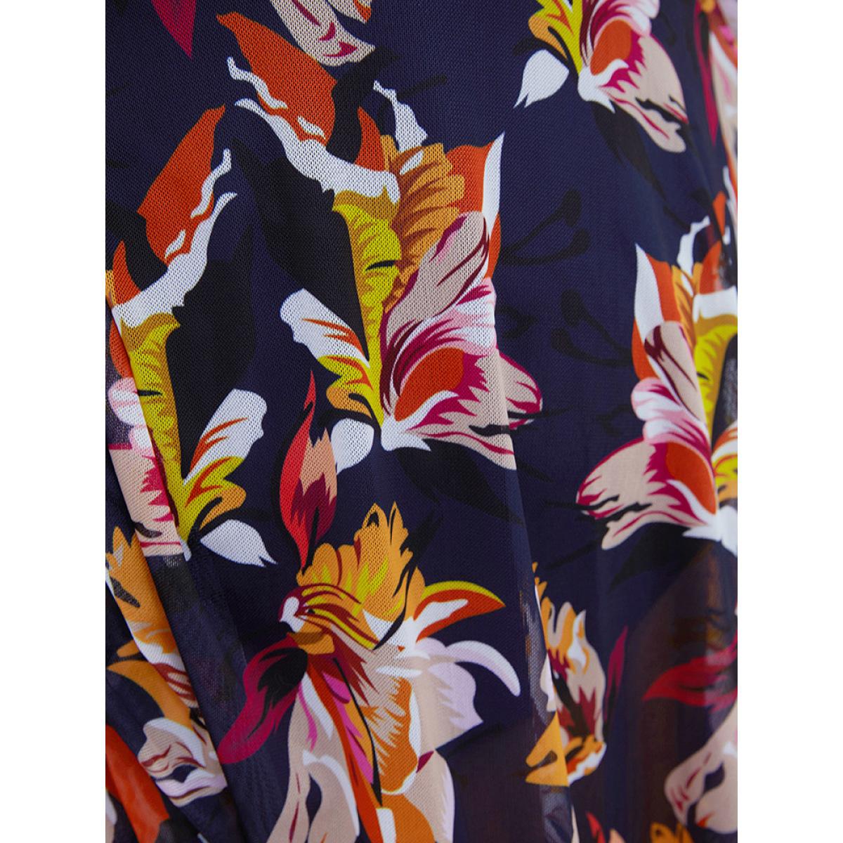 Plus Size Floral Mesh Surplice Neck Ruffles Swim Dress Women's Swimwear Indigo Vacation Bodycon V-neck High stretch Curve Swim Dresses BloomChic 26/4X Product Image