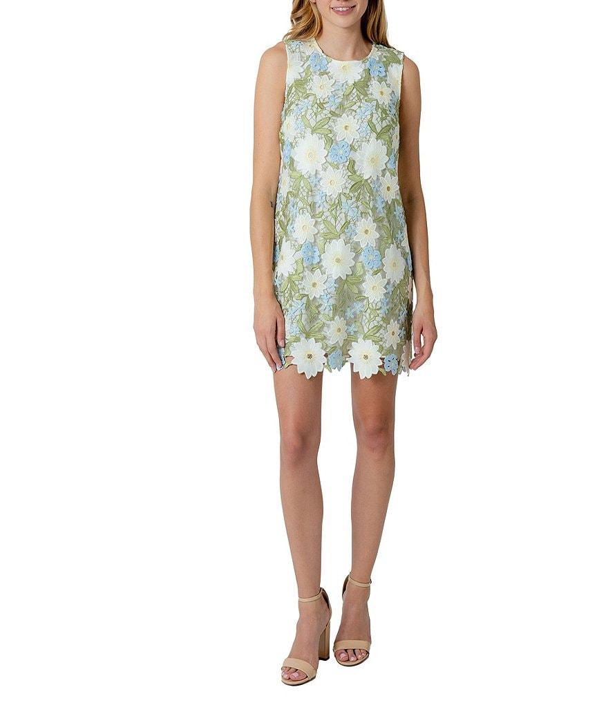 Sam Edelman Embroidered Floral Lace Crew Neck Sleeveless Shift Mini Dress Product Image