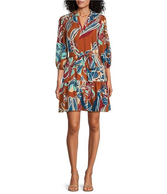 Jessica Howard Floral Print Split V-Neck 3/4 Sleeve Ruffled Hem A-Line Dress Product Image
