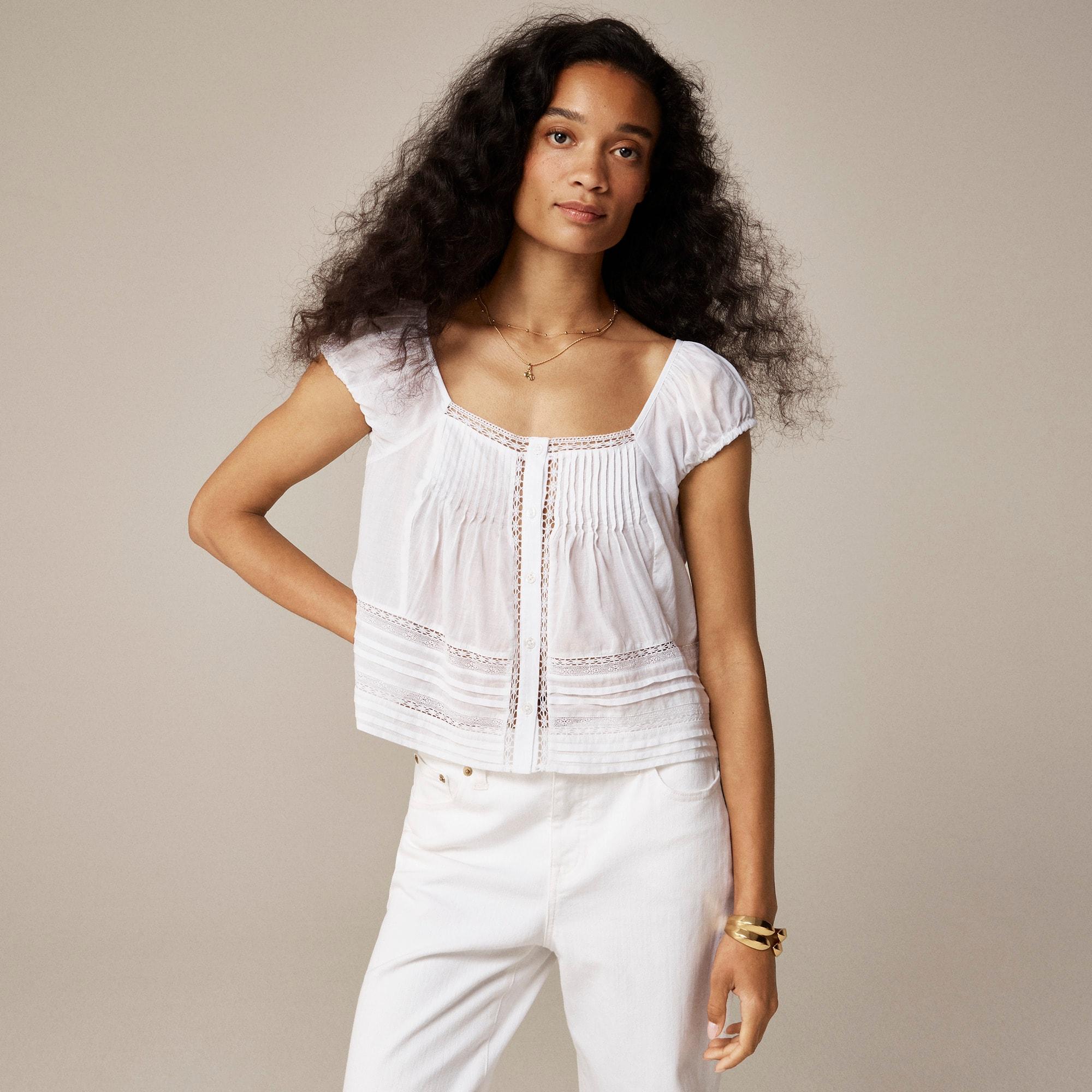 Cap-sleeve lace-trim top in cotton voile Product Image