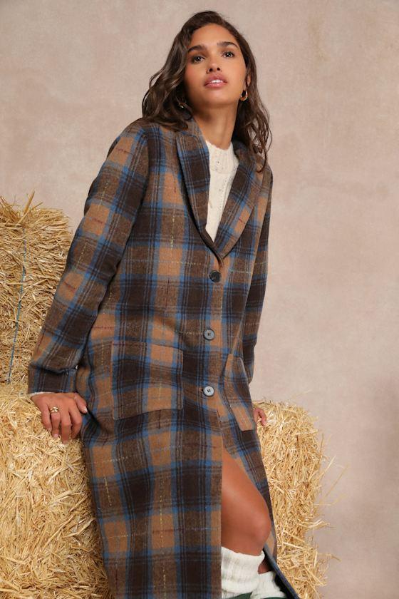 Posh Weather Brown and Blue Plaid Collared Peacoat Product Image