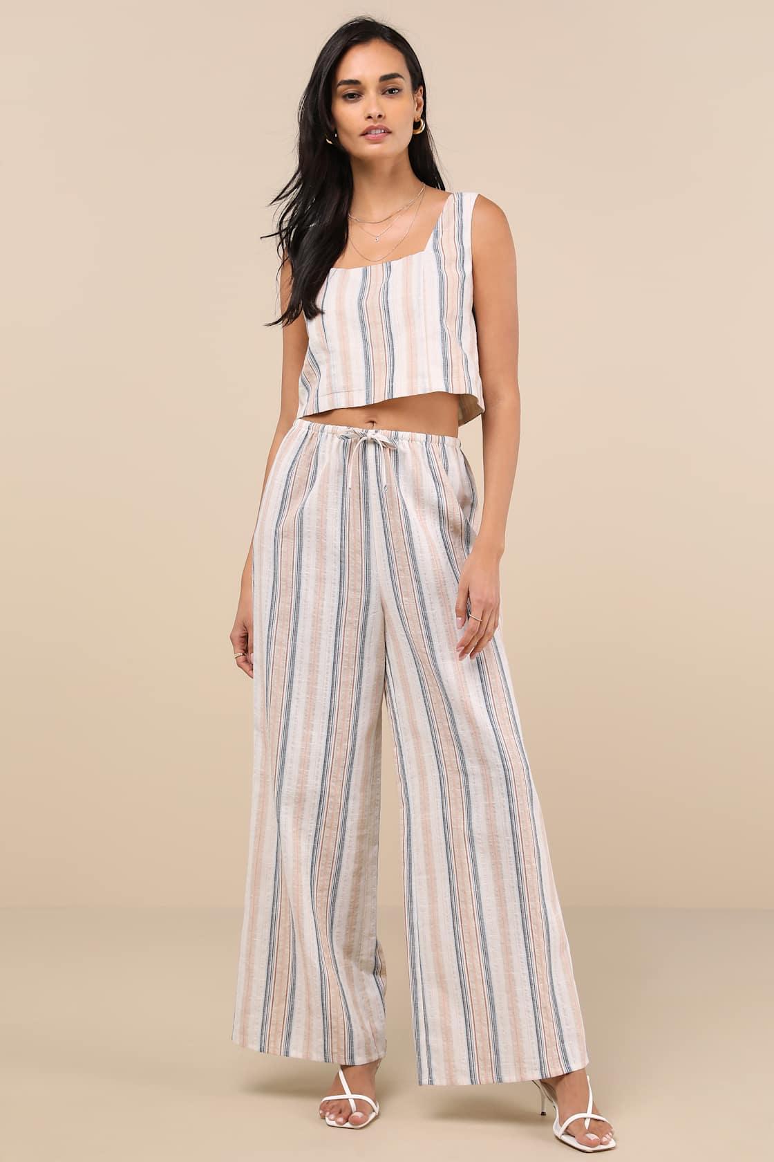 Raylon White Multi Striped Wide-Leg Pants Product Image
