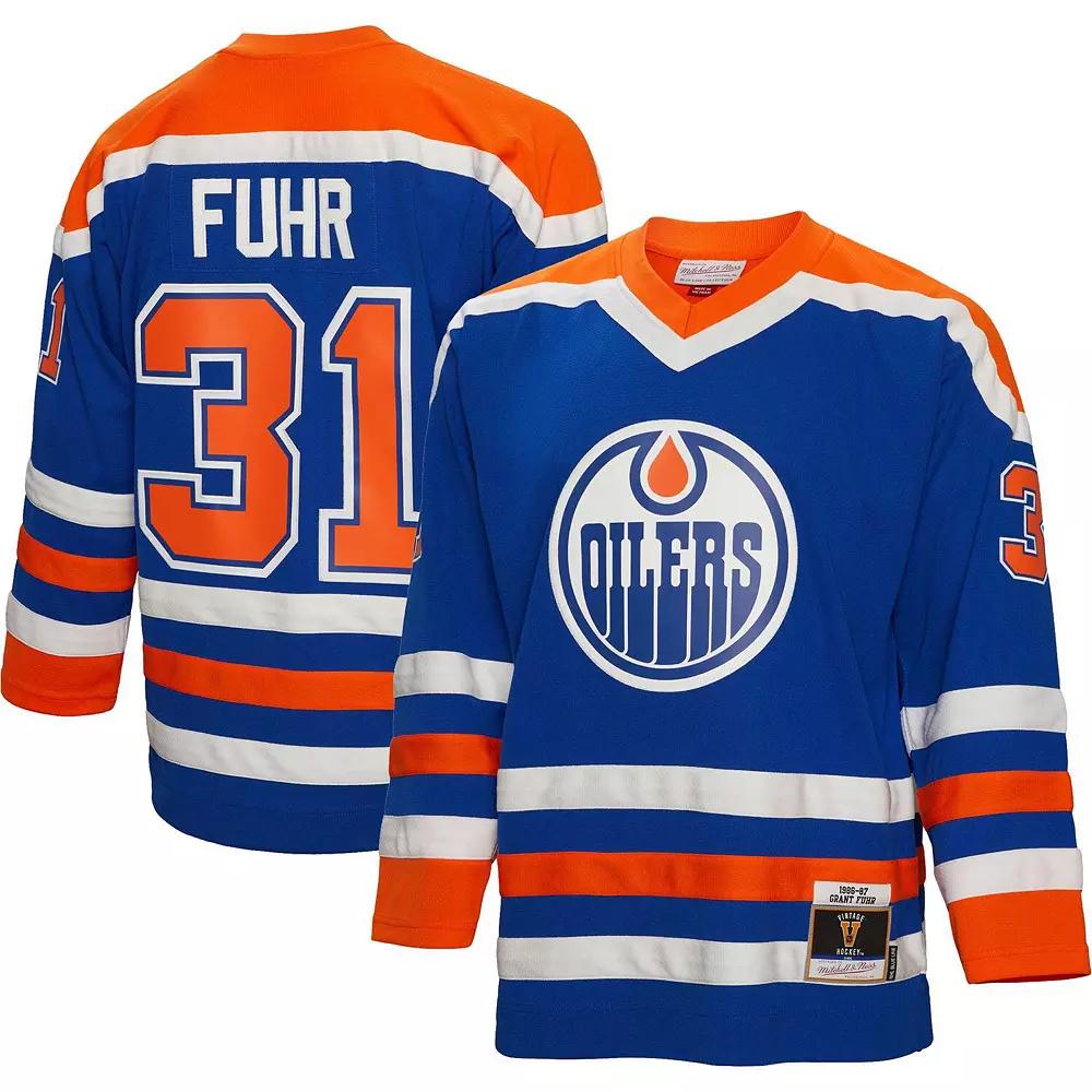 Men's Mitchell & Ness Grant Fuhr Royal Edmonton Oilers 1986 Blue Line Player Jersey, Size: Small, Oil Blue Product Image