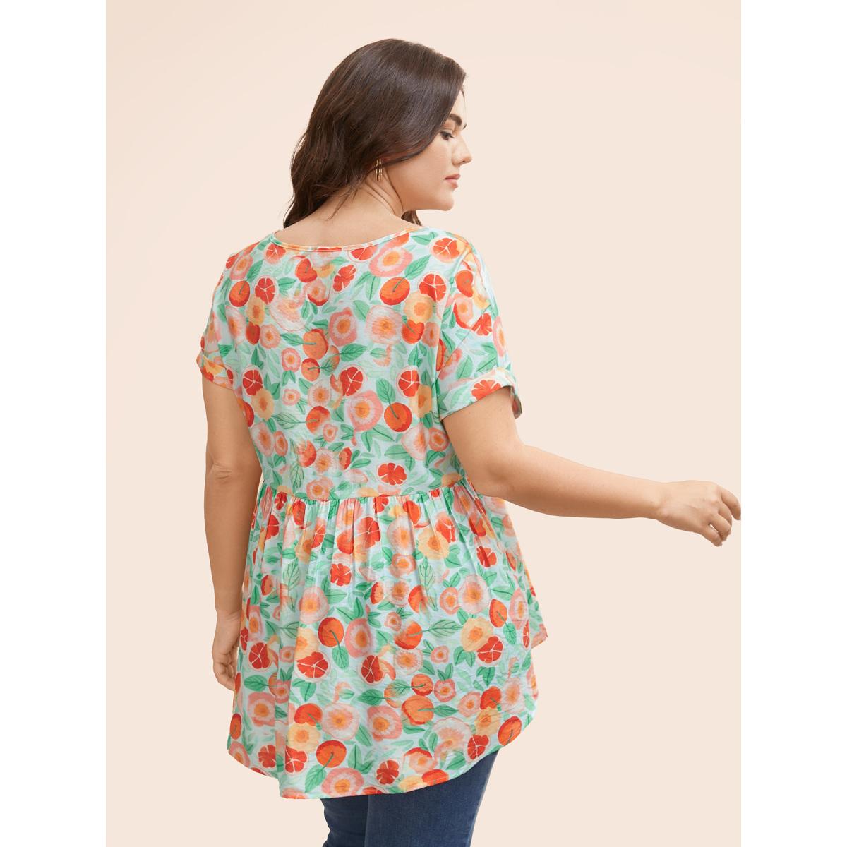 Plus Size Azure Fruit Print Curved Hem Batwing Sleeve Blouse Women Casual Cap Sleeve Round Neck Everyday Blouses BloomChic 30/6X Product Image