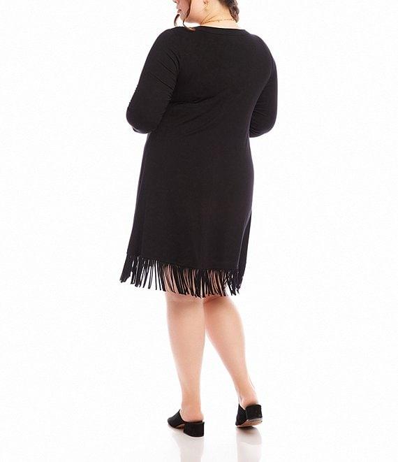 Karen Kane Plus Size Knit Jersey Scoop Neck 3/4 Sleeve Fringe Hem Dress Product Image