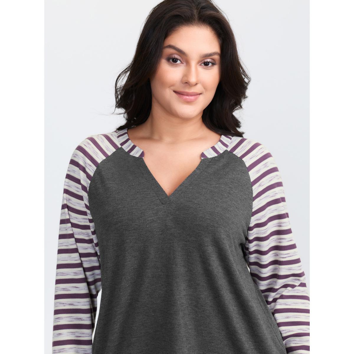 Plus Size Stripe Raglan Sleeve Round Neck T-Shirt DimGray Women Leisure Contrast Flat collar with V-notch Casual T-shirts BloomChic 14-16/1X Product Image