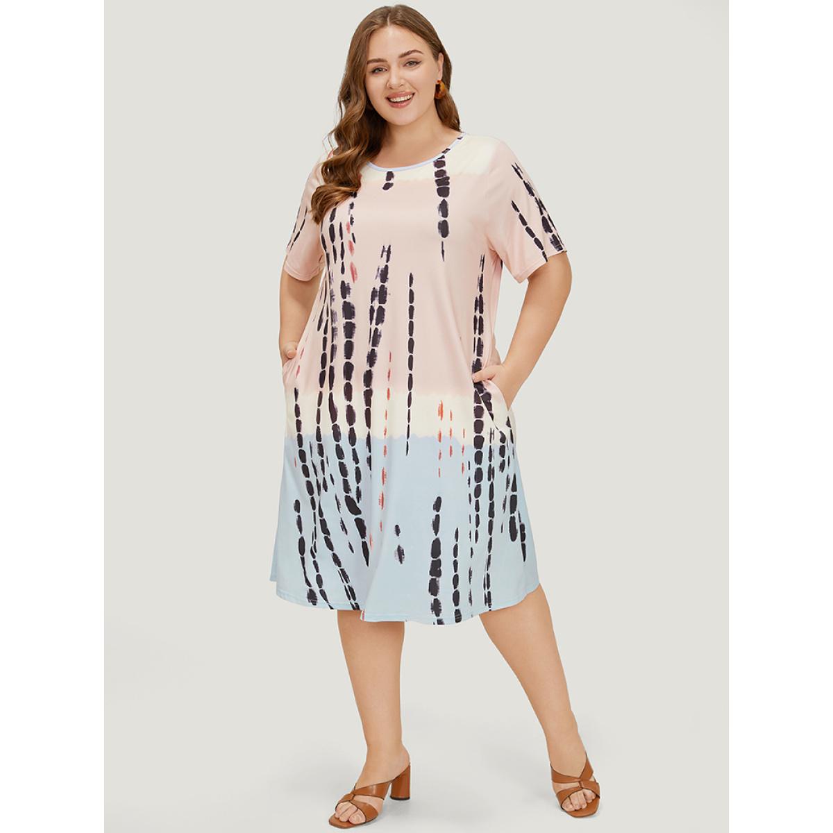 Plus Size Tie Dye Crew Neck Pocket Color Block Contrast Dress Multicolor Women Vacation Contrast Round Neck Short sleeve Curvy Midi Dress BloomChic 14-16/1X Product Image