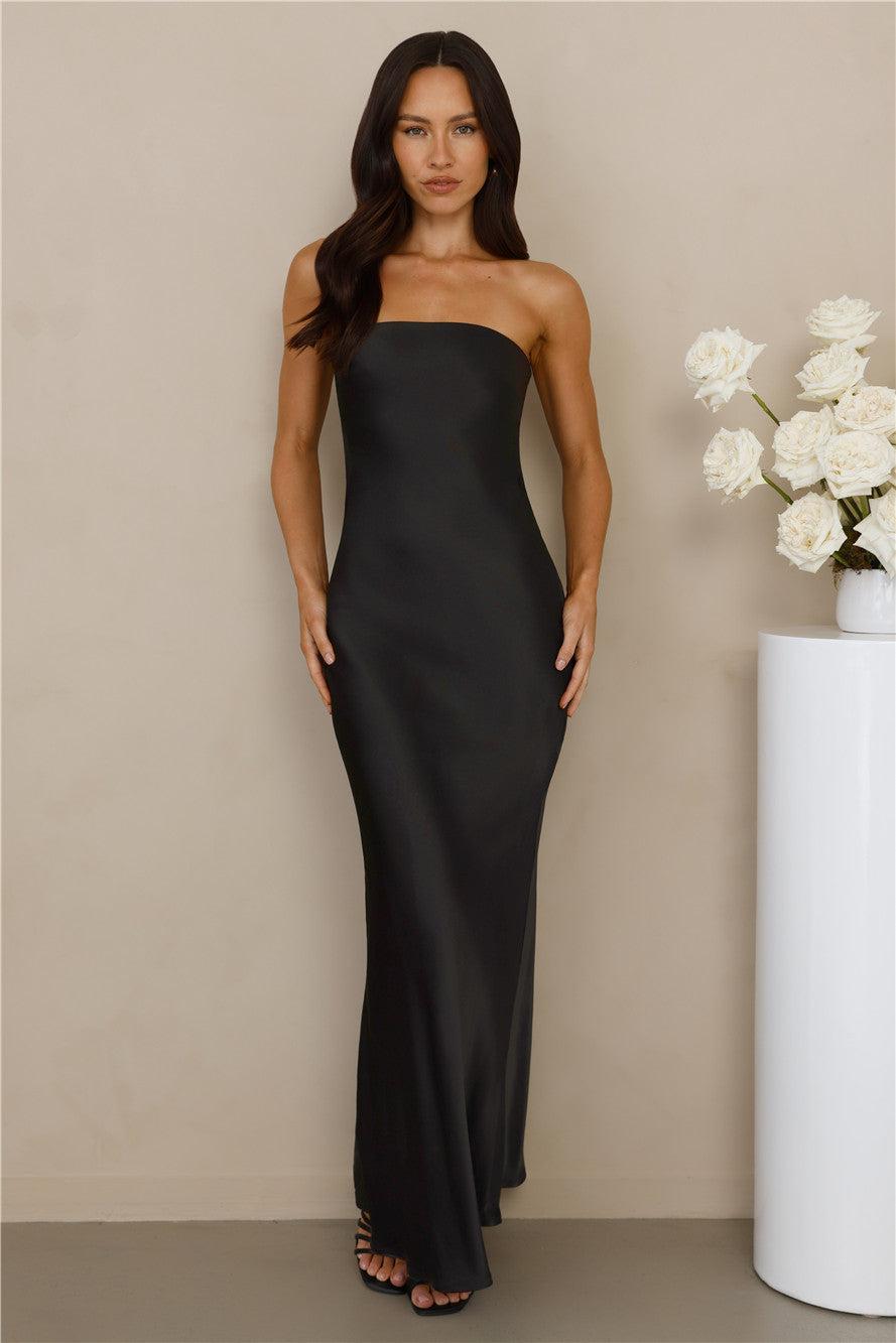 The Felicity Strapless Satin Maxi Dress Black Product Image