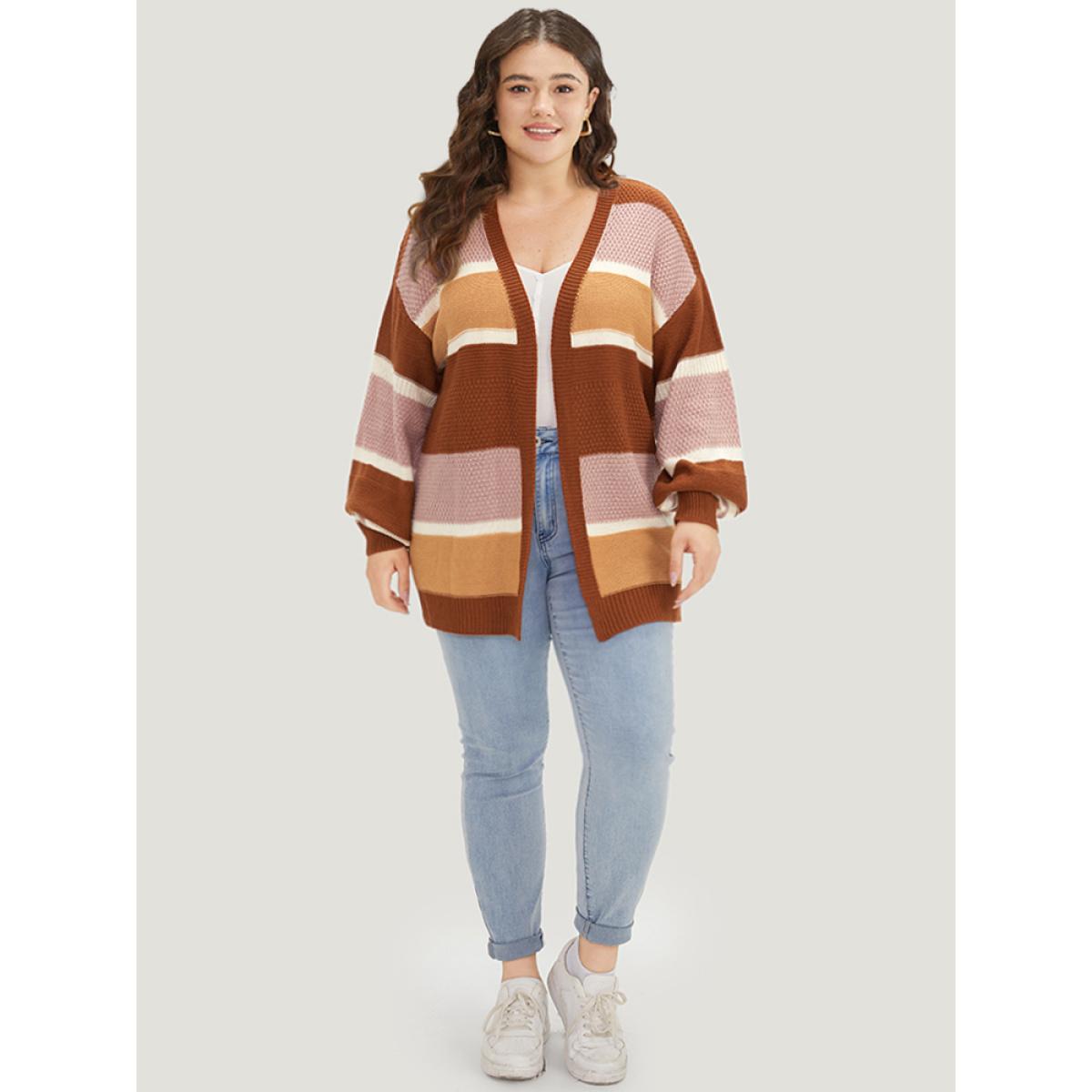 Plus Size Striped Contrast Elastic Cuffs Cardigan Multicolor Women Casual Loose Long Sleeve Dailywear Cardigans BloomChic 30/6X Product Image